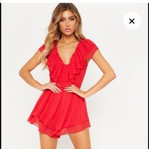 PrettyLittleThing Red Chiffon Plunge Romper